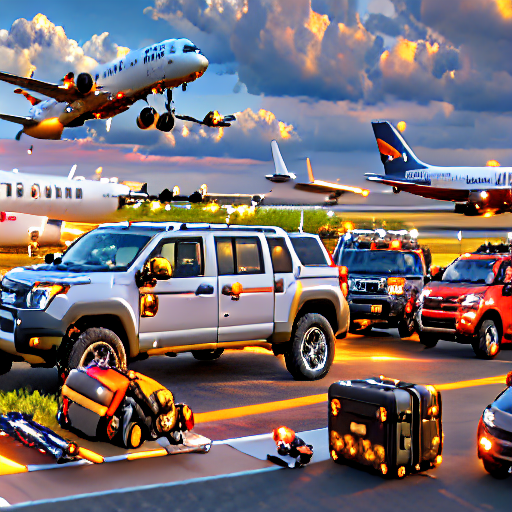 092_Several vehicles with pieces of luggage on them with planes off to the side..png
